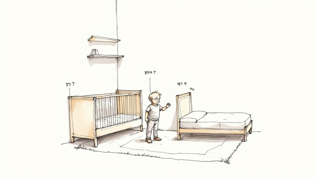 איור של ילד קטן עומד בין עריסה למיטת ילדים, שואל 'פה?' ו'שם?', בנושא מעבר מיטה.
