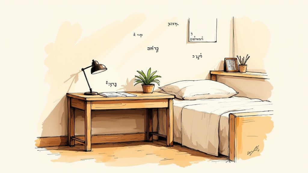 איור של חדר שינה נעים עם שולחן כתיבה מעץ, מנורה, צמח ירוק ומיטה מסודרת.