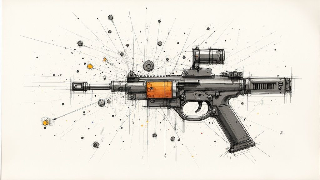 איור מפורט של כלי נשק עתידני, אקדח-קרן עם כוונת, על רקע שרטוטים וקווים דינמיים.