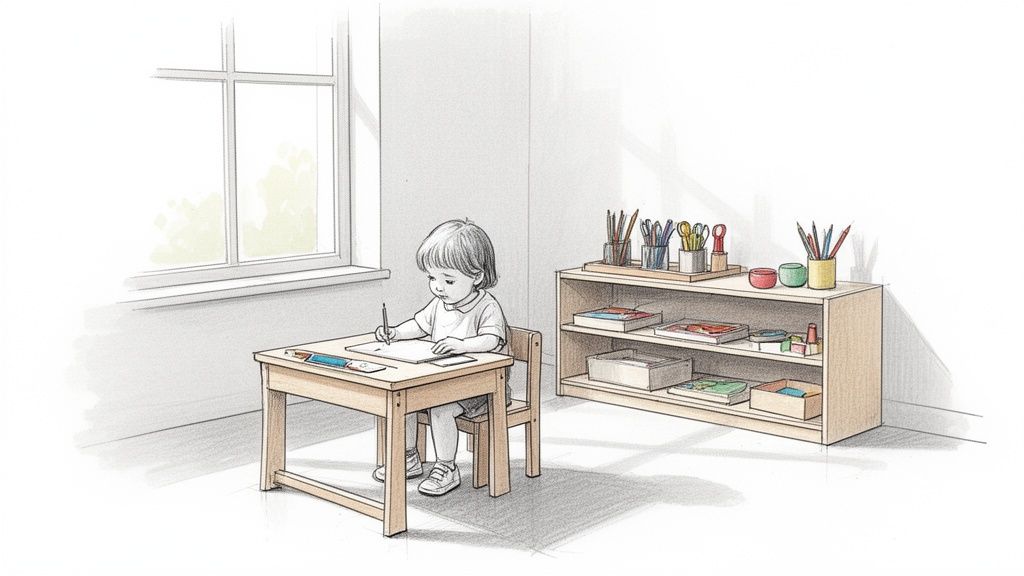 ציור של ילד קטן יושב ליד שולחן, מצייר עם עיפרון, בחדר מואר עם חלון ומדף של ציוד יצירה.