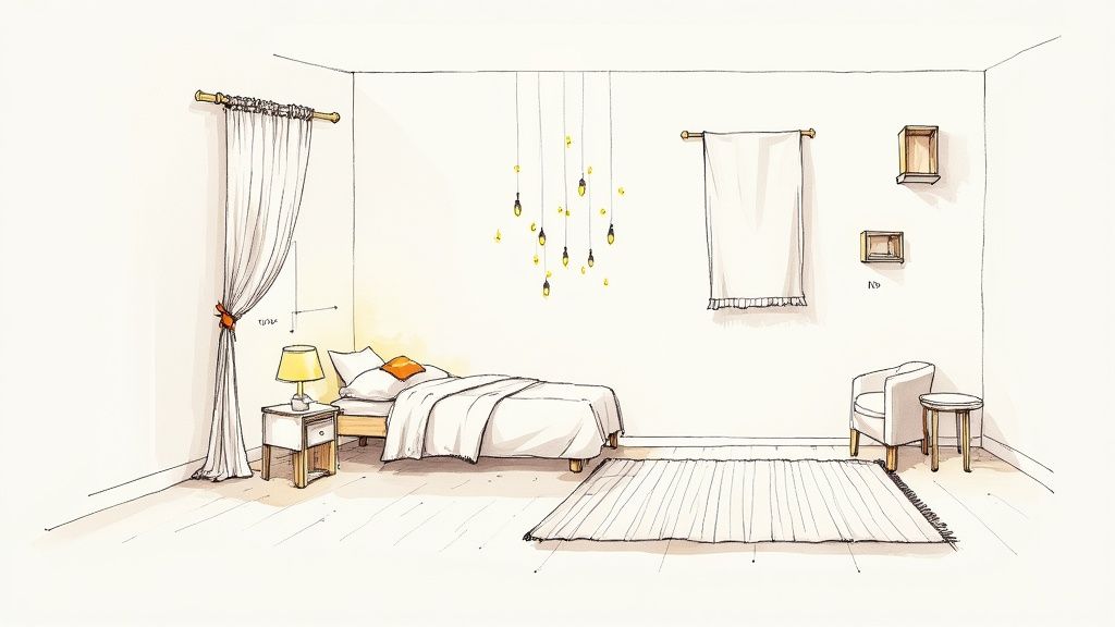 איור של חדר שינה נעים ומואר עם מיטה, שידת לילה, וילון, שטיח וכורסה.