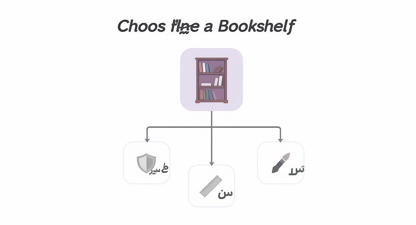 תרשים בחירה של כוננית ספרים המציג אפשרויות עם סמלים כמו מגן, סרגל ומכחול וטקסט בערבית.