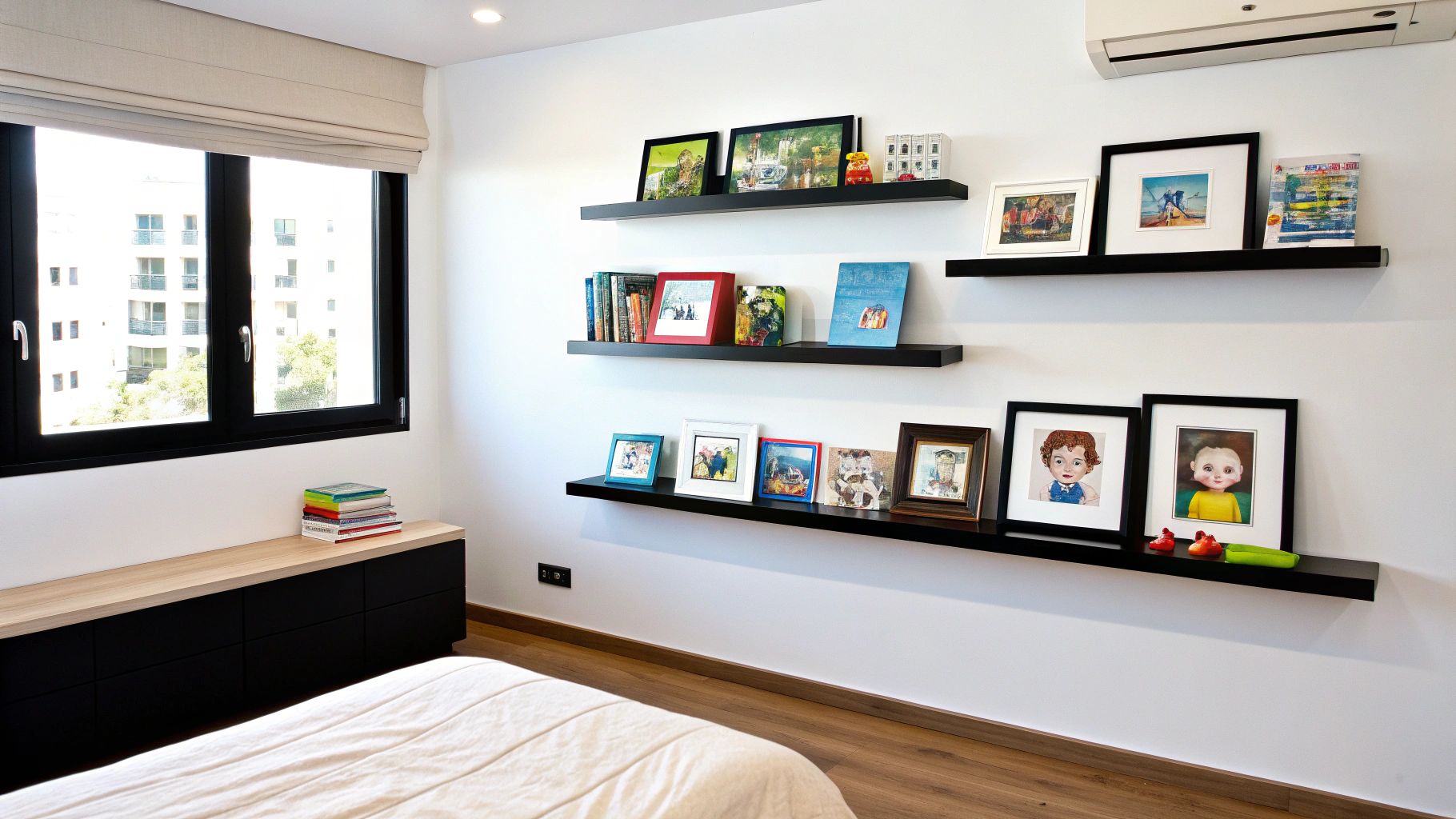 חדר ילדים מודרני עם מדפים שחורים צפים על קיר לבן המציגים תמונות ממוסגרות וספרים