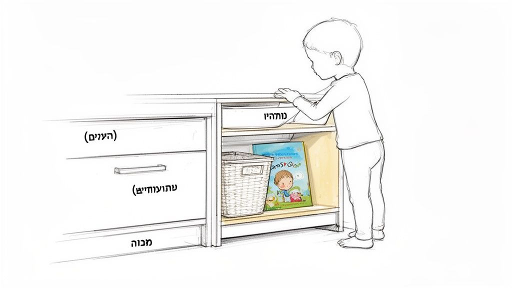 ילד קטן בוחן שידת אחסון לחדר ילדים עם מגירות ומדפים המסומנים בעברית.