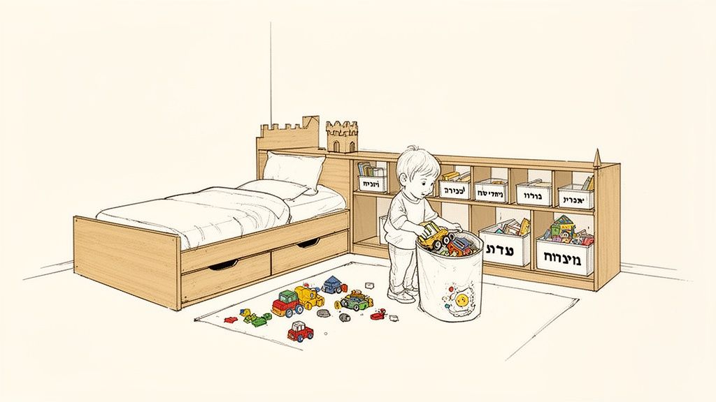 חדר ילדים מואר עם מיטת עץ, יחידת מדפים לאחסון וילד מסדר צעצועים לתוך סל.