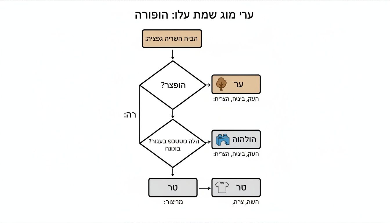תרשים זרימה המציג תהליך קבלת החלטות עם שלבים ותוצאות שונות, כולל סמלים וטקסט בעברית.