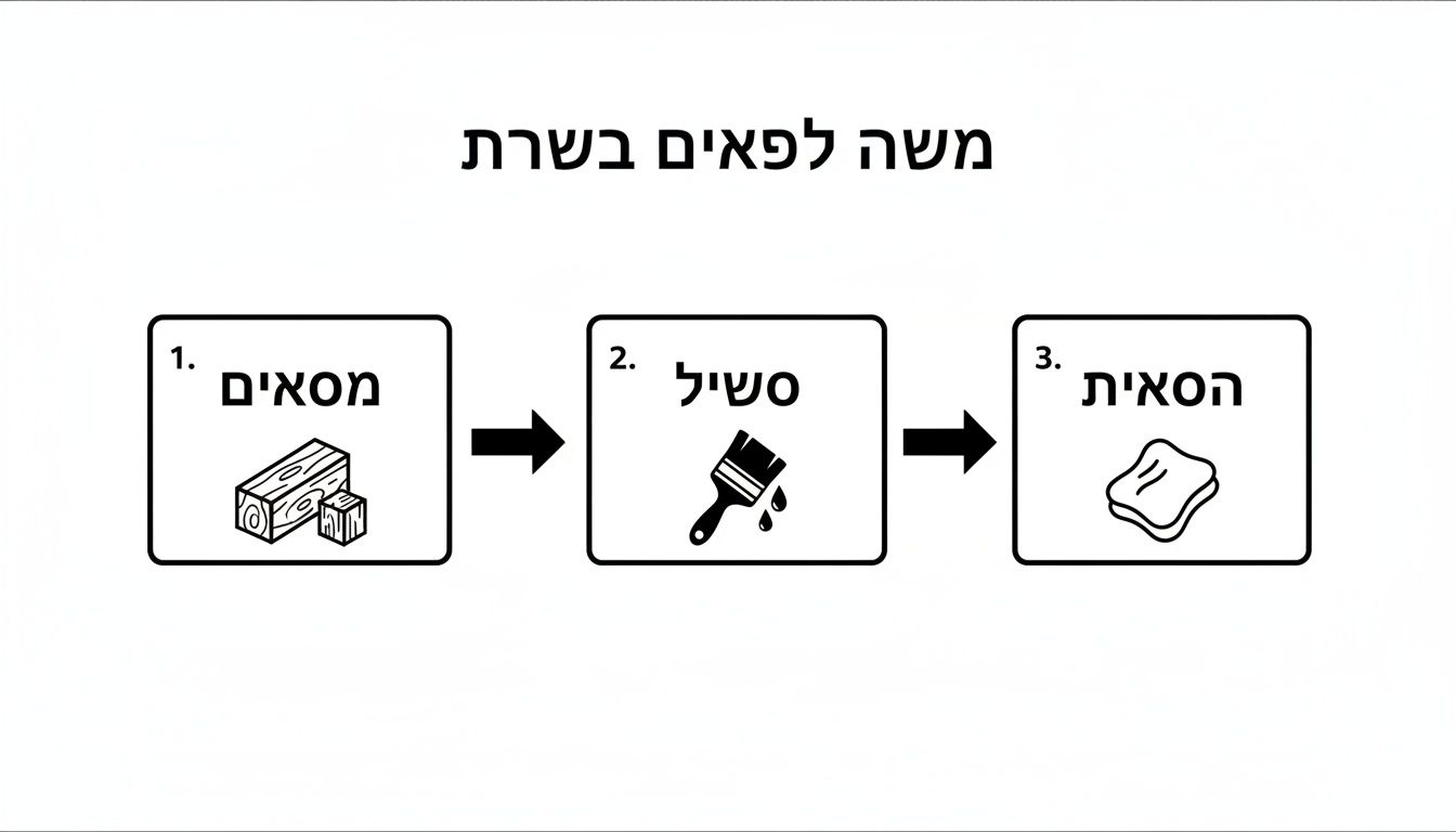 אינפוגרפיה תהליכית: הכנת עץ גולמי, מריחת שכבת הגנה או צבע, וניקוי/גימור סופי בספוג.