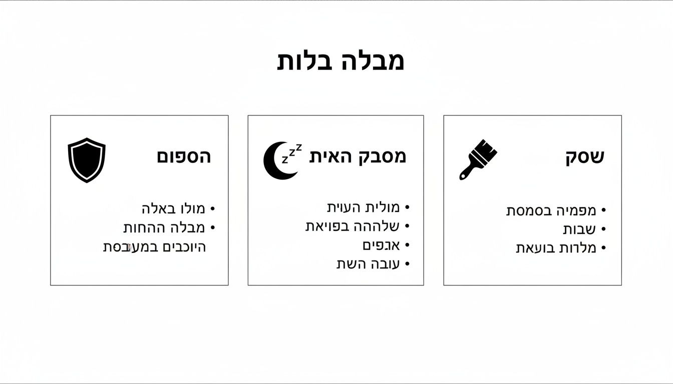 תרשים עם שלושה נושאים: הגנה (מגן), שינה (ירח Zzz) ופעילות יצירתית (מברשת), המתאימים למוצרי ילדים.