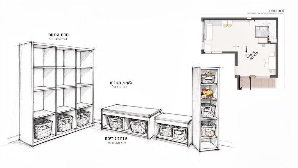 איור עיצובי של חדר תינוק המציג מדפי אחסון, ספסלים עם סלסלות ושרטוט תכנית חדר.