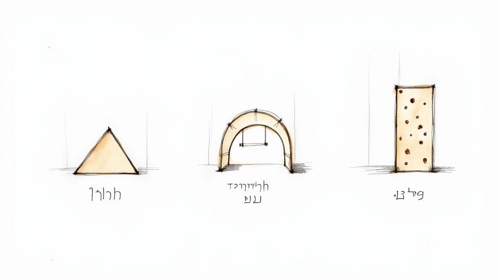 איור של שלושה מתקני שעשועים לילדים: מדרון משולש, קשת נדנדה וקיר טיפוס מחורר, כל אחד עם שמו בעברית.