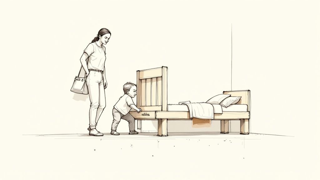 אישה ופעוט ליד מיטת מעבר מעץ בסגנון איור פשוט ואלגנטי.