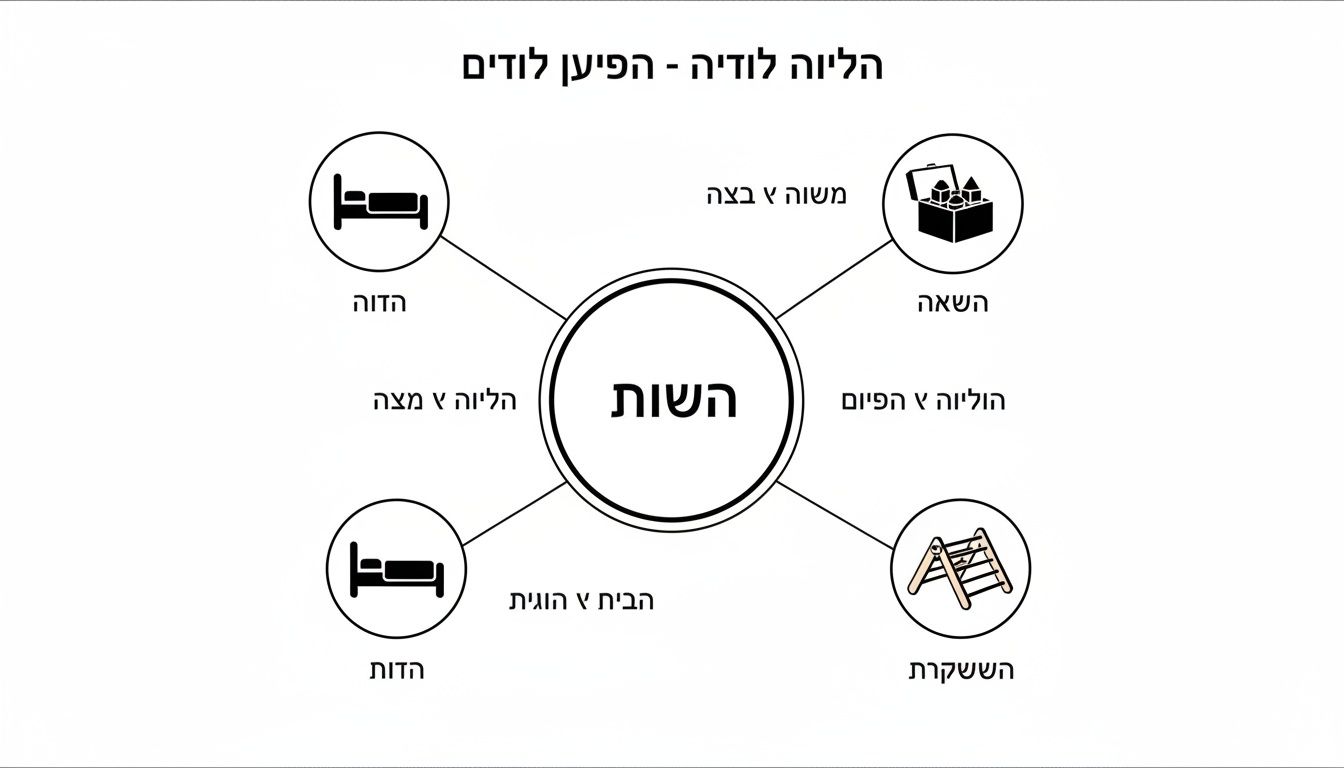 תרשים מושגים בעברית עם הכותרת 'הלוויה לודזיה - הפיעון לודזים', המציג נושא מרכזי 'השוות' וארבעה נושאי משנה עם אייקונים.