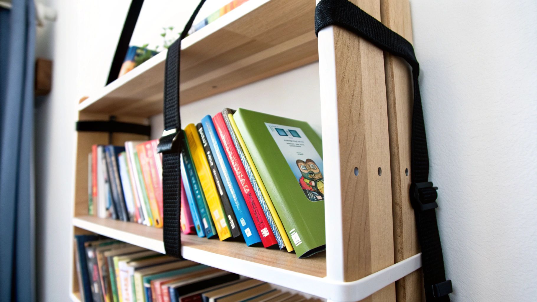 ילדה קטנה בוחרת ספר מכוננית ספרים בטוחה מעץ בחדר מעוצב