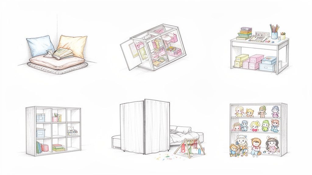 איורים של שש אפשרויות לסידור וארגון חללים, כולל פינות ישיבה, שולחנות ומדפים.