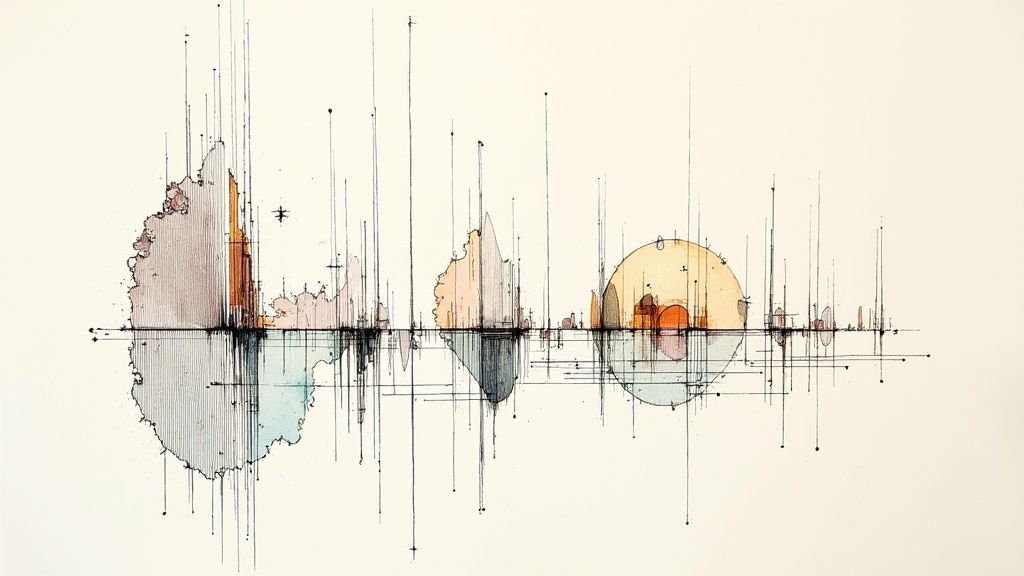 איור אדריכלי מופשט בצבעי מים ועט, עם קו אופק וצורות אורגניות מרובות קווים וצבעים עדינים.