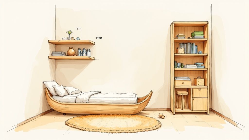 חדר ילדים מעוצב בסגנון מונטסורי עם מיטת סירה, מדפים וספרייה מעץ טבעי.