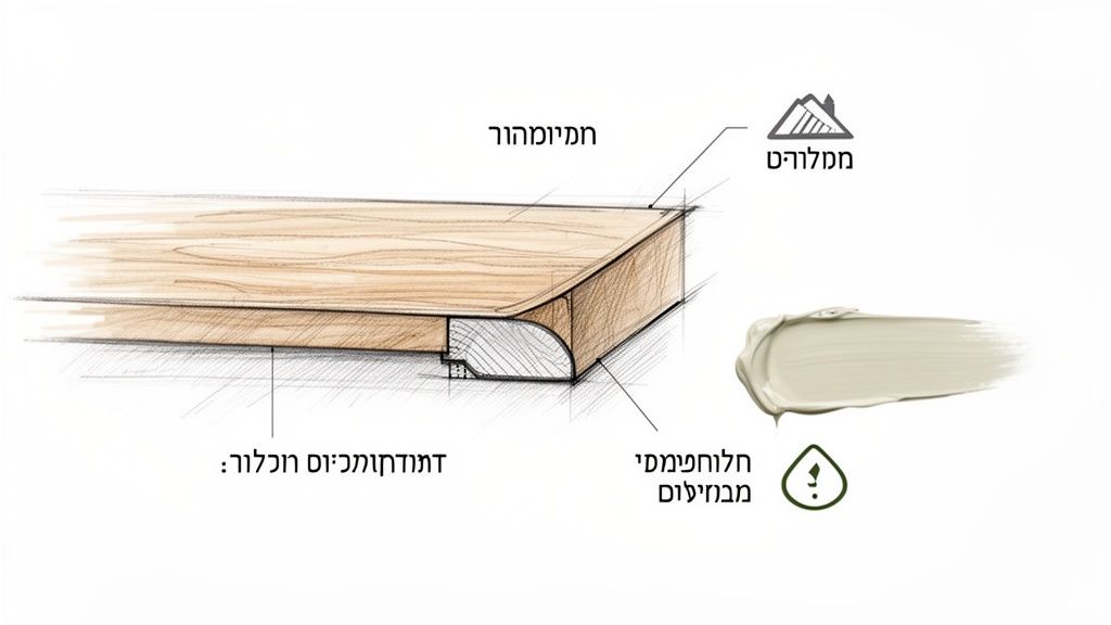 איור טכני של מדף עץ עם קצה מעוגל, המפרט את מבנהו וחומרים כמו עמידות בפני לחות.