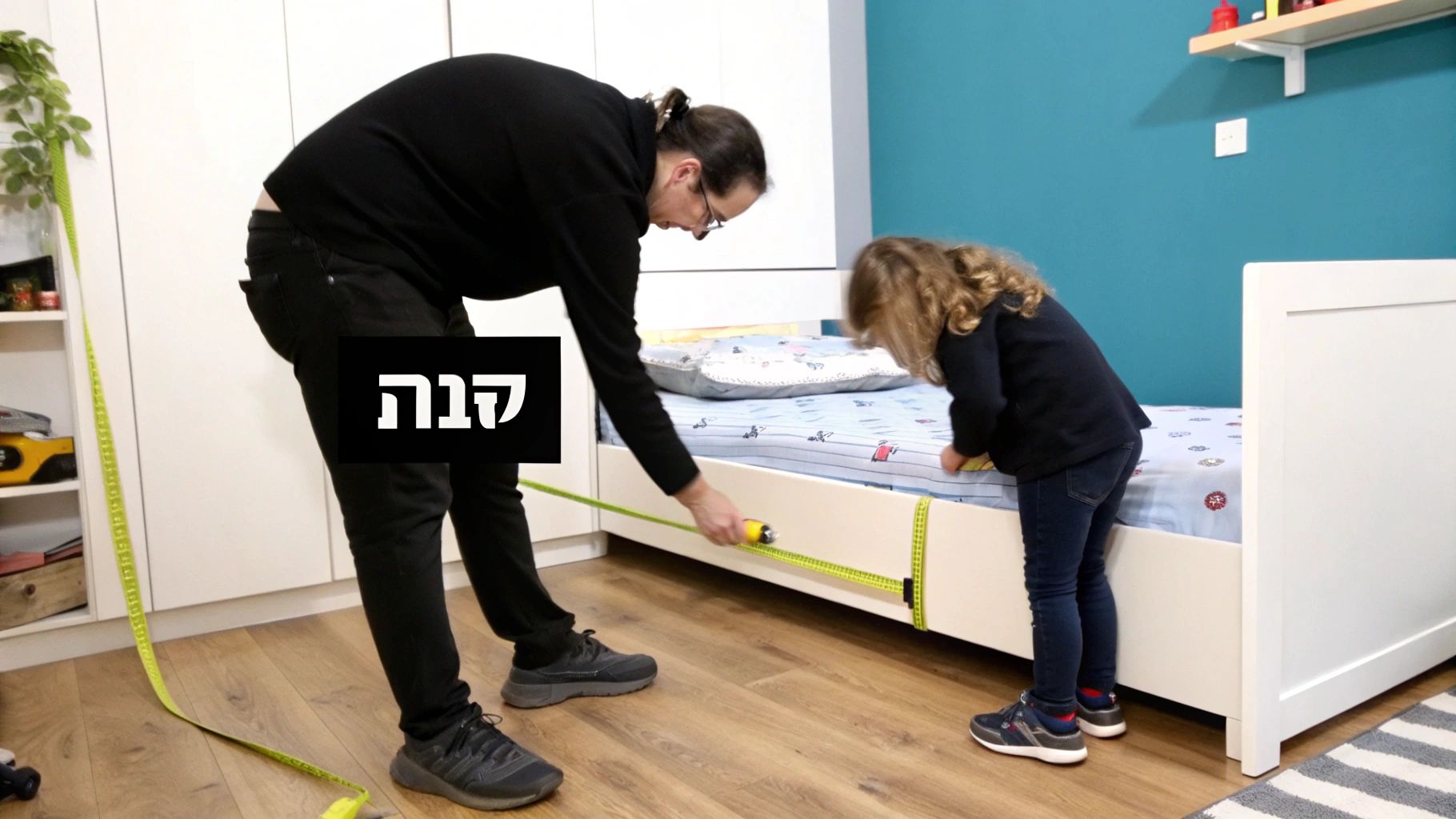 אב וילדה מודדים ביחד מיטת מעבר לילדים בחדר שינה עם סרט מדידה צהוב