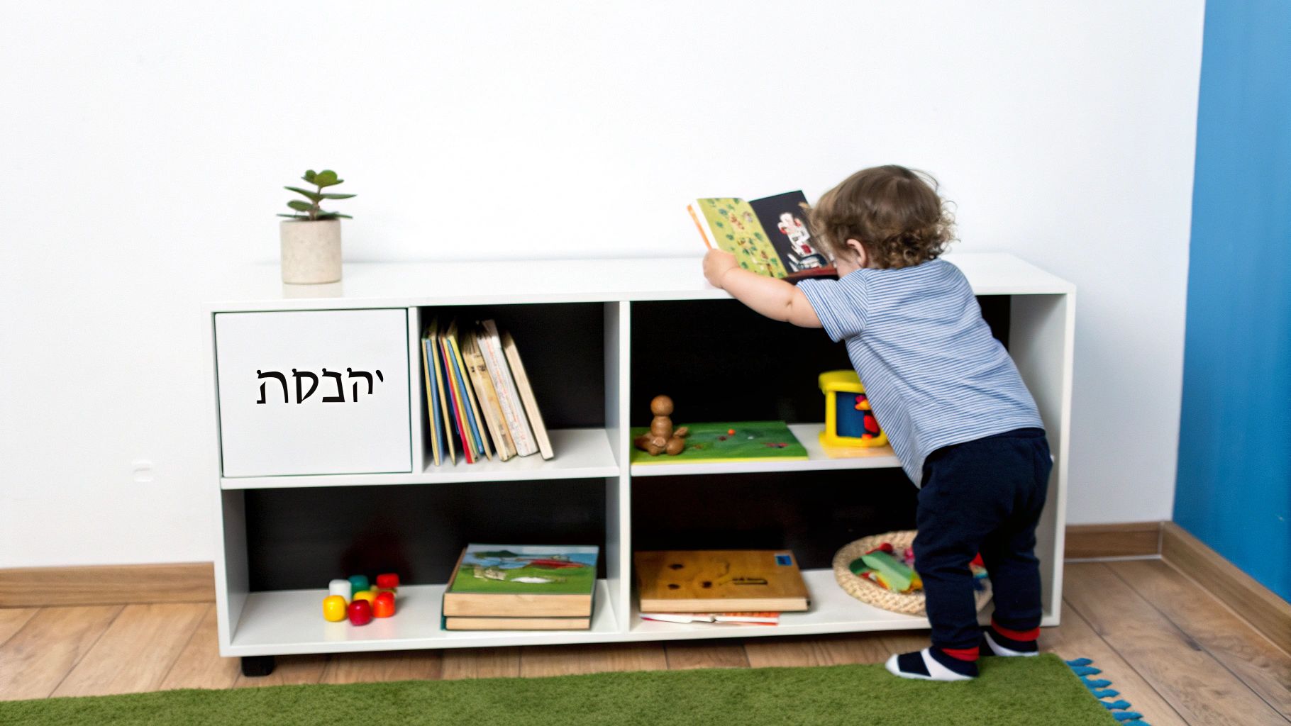 פעוט עם שיער מתולתל עומד ליד מדפים לבנים, מחזיק ספר קטן ומנסה להגיע לספרים נוספים.