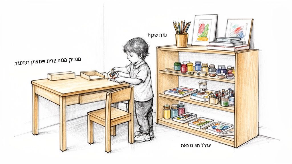 ילד קטן משחק ליד שולחן עבודה מעץ, לידו כוננית עם ציוד יצירה וצבעים.