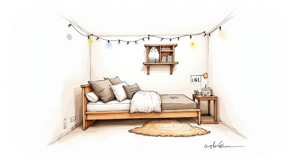 ציור חדר שינה חמוד עם מיטת עץ, כריות חומות ולבנות, מדף עם ספרים וקישוט חתול, ומחרוזת אורות צבעונית.