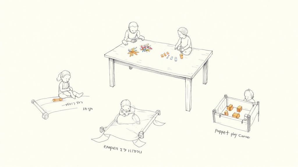 איור של תינוקות ופעוטות משחקים בתחנות פעילות מגוונות: שולחן, מזרן ופינת משחק.