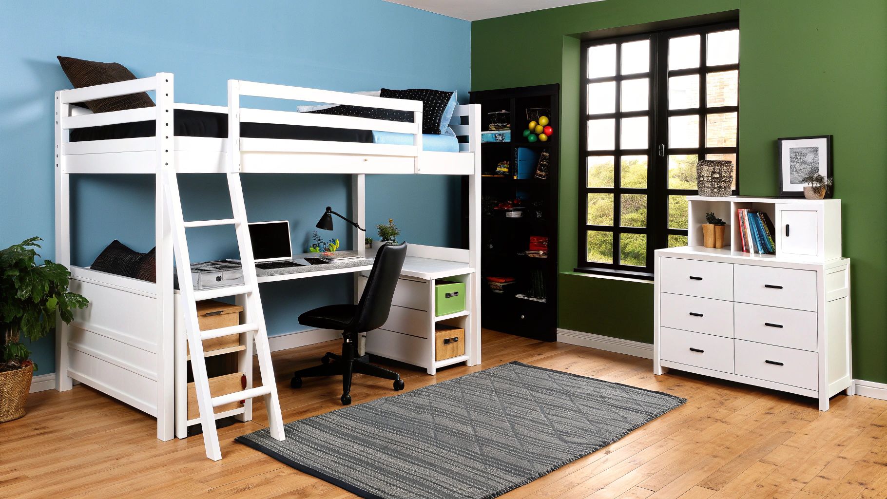 מיטת גלריה לבנה עם מגלשה וסולם בחדר ילדים מעוצב