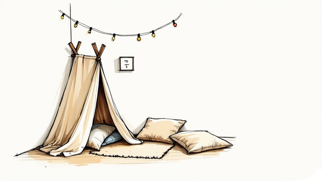 איור של אוהל משחק לילדים בצבע בז', עם כריות ושטיח, מואר בשרשרת נורות חמימות.