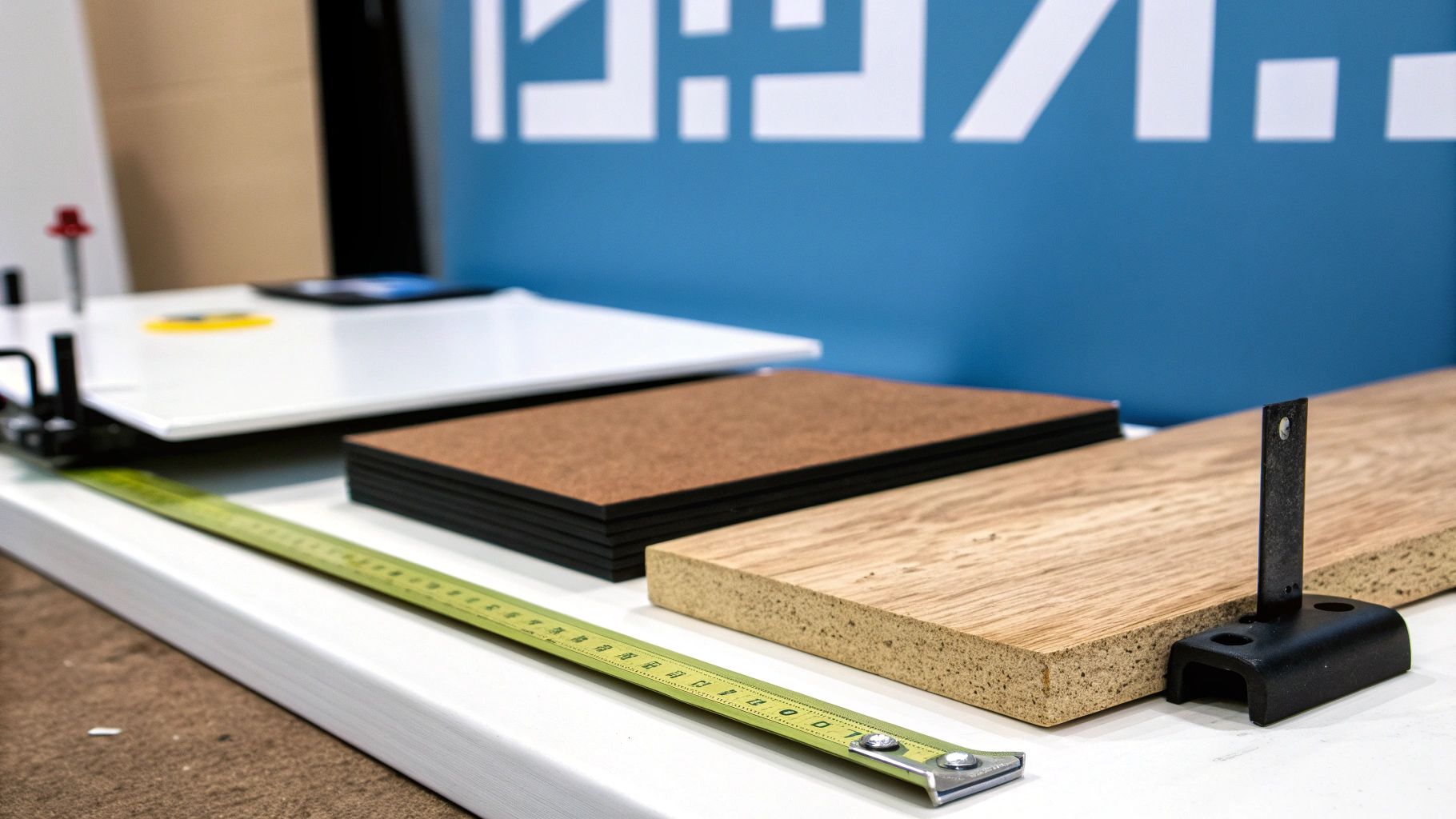 שולחן עבודה עם לוחות עץ, לוחות פקק, סרט מדידה וכלים נוספים לתכנון ועיצוב.