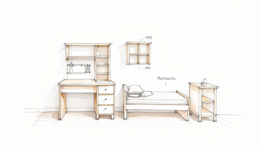 איור סקיצה של ריהוט חדר שינה או עבודה מעץ, כולל שולחן כתיבה, מיטה, שידת לילה ומדף קיר.