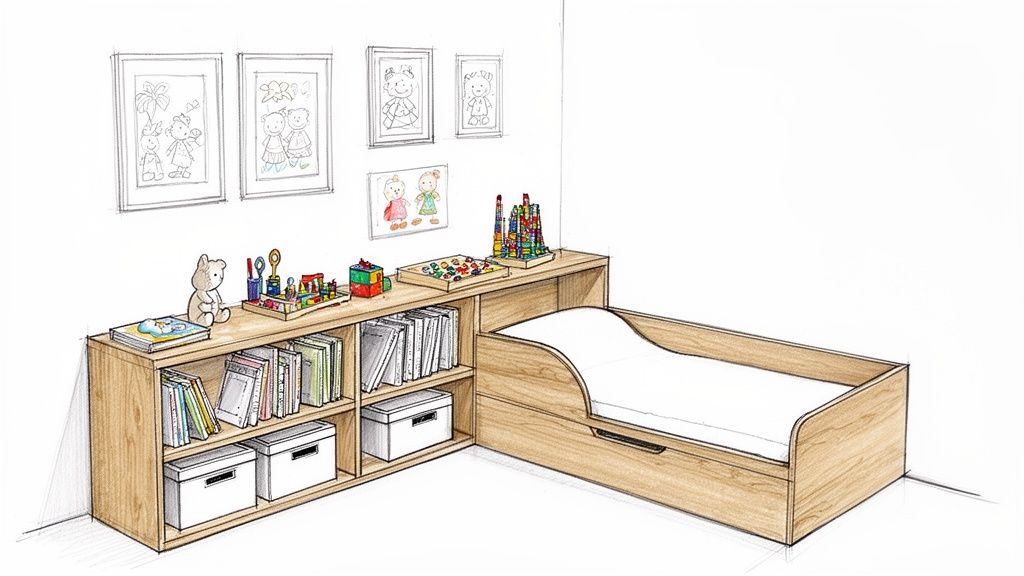חדר ילדים עם מיטת עץ וספריית מדפים משולבת, מעוטר בציורי ילדים, ספרים וצעצועים.