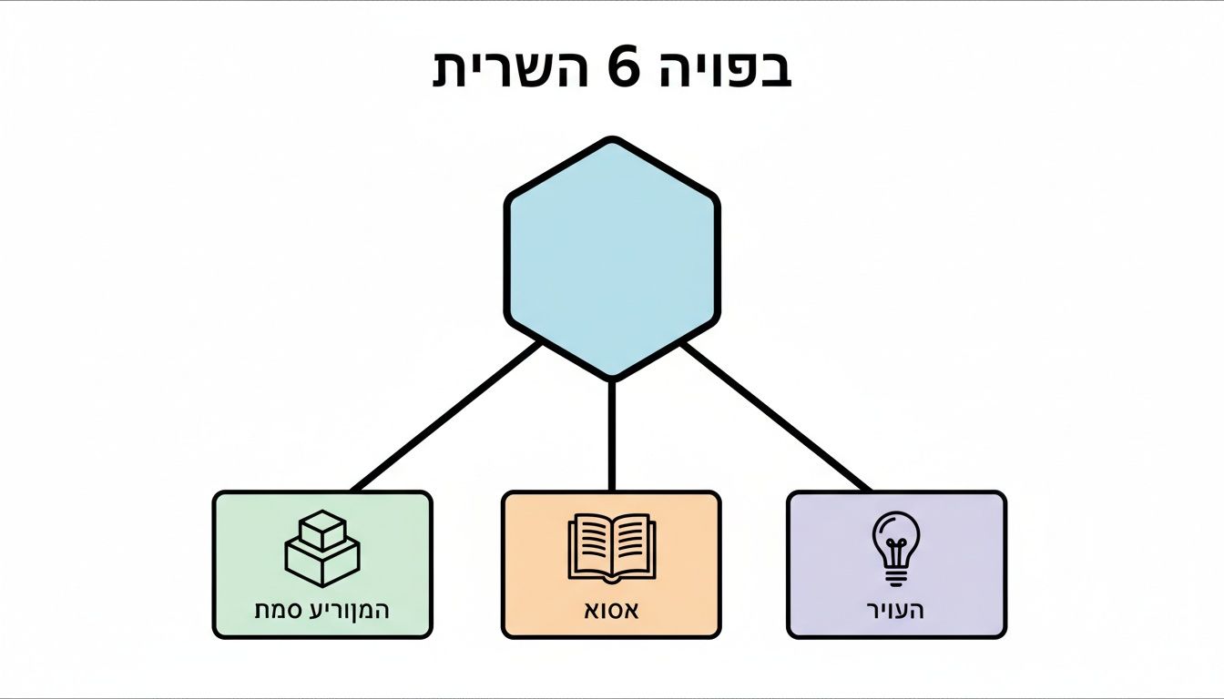 תרשים פתרון בעיה 6 השרית, עם שלושה נושאים: מנוע, ספר ועיר, וסמלים מתאימים.