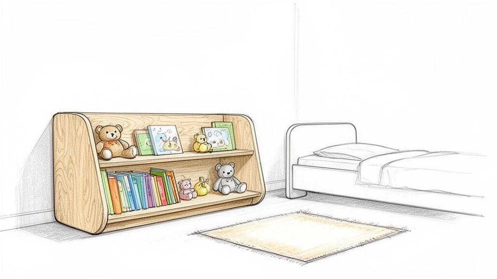 איור חדר ילדים נעים עם כוננית עץ אלון מלאה בספרים ודובי צעצוע, מיטה ושטיח.