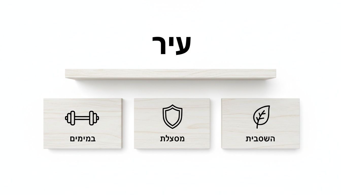 מדף עם הכיתוב 'עיר' ושלושה לוחות עץ עם אייקוני משקולת, מגן ועלה, המייצגים כושר, ביטחון וסביבה בעיר.