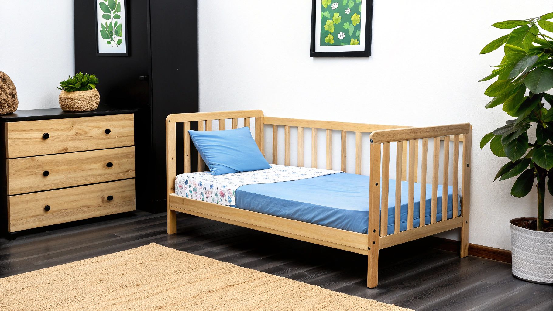 ילדה קטנה ישנה בבטחה במיטת מעבר מעץ איכותי.