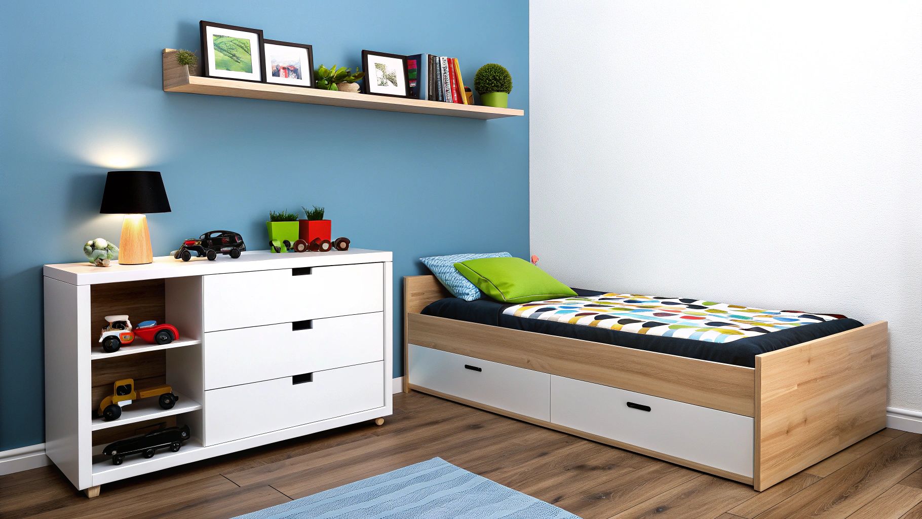 ילדה קטנה מארגנת צעצועים על מדף צף עם מגירה בחדר שינה נעים ומואר