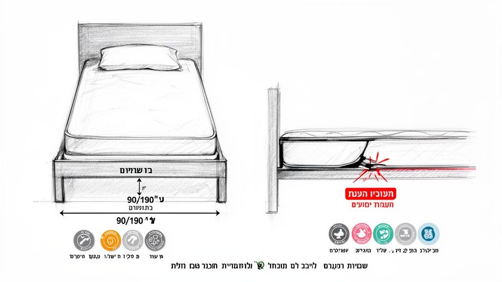שרטוט מיטת יחיד עם מזרון וכרית, מציג מידות 90/190 ס"מ ומנגנון הרמה מתקדם למזרן.