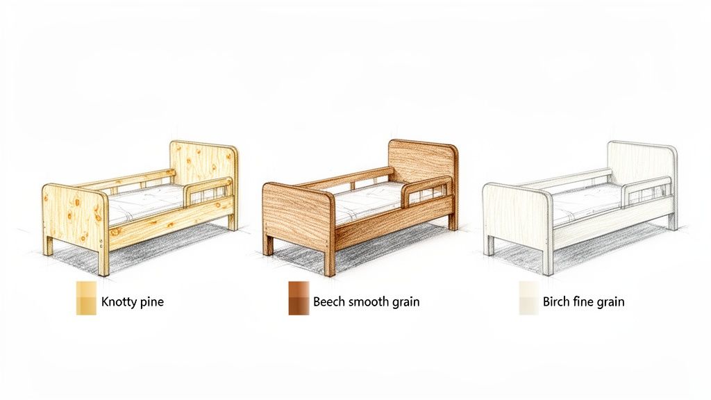 שלוש מיטות ילדים מעץ, עם מעקות בטיחות, בגווני אורן עם קשרים, אשור וליבנה, המציגות טקסטורות עץ שונות.