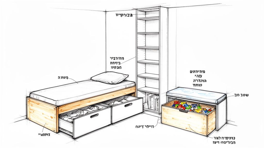 איור של חדר ילדים מעוצב עם מיטה בעלת מגירות אחסון, כוננית ספרים גבוהה וארגז צעצועים המשמש גם כספסל.