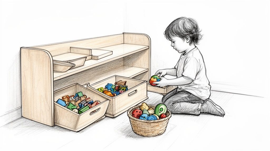 ילד קטן משחק בצעצועים צבעוניים ליד מדף אחסון צעצועים מעץ עם סלסלה