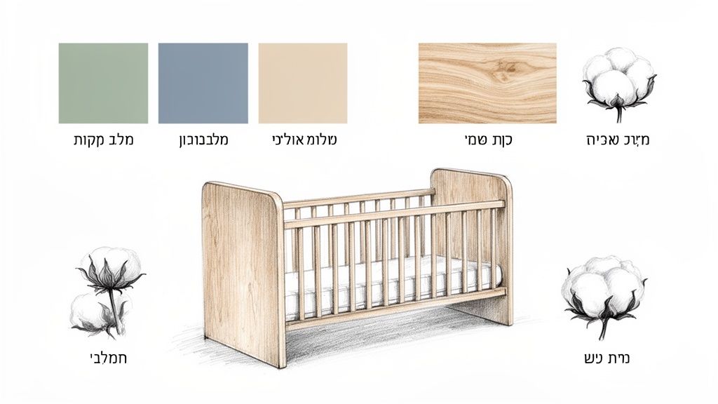 עריסת תינוק מעץ עם מזרן, מלווה בפלטת צבעים של ירוק, כחול ובז', טקסטורת עץ ואיורי כותנה טבעית למזרנים.