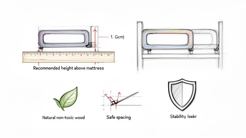 איור עיצוב של מעקה בטיחות למיטת תינוק, מציג גובה מומלץ, חומרים טבעיים ותכונות בטיחות.