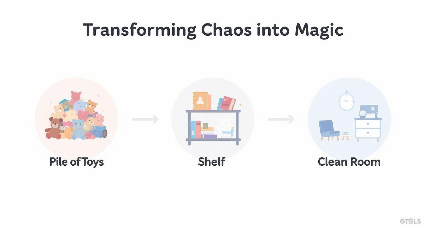 איור המציג מעבר מערימת צעצועים מבולגנת לחדר ילדים מסודר עם מדפים.