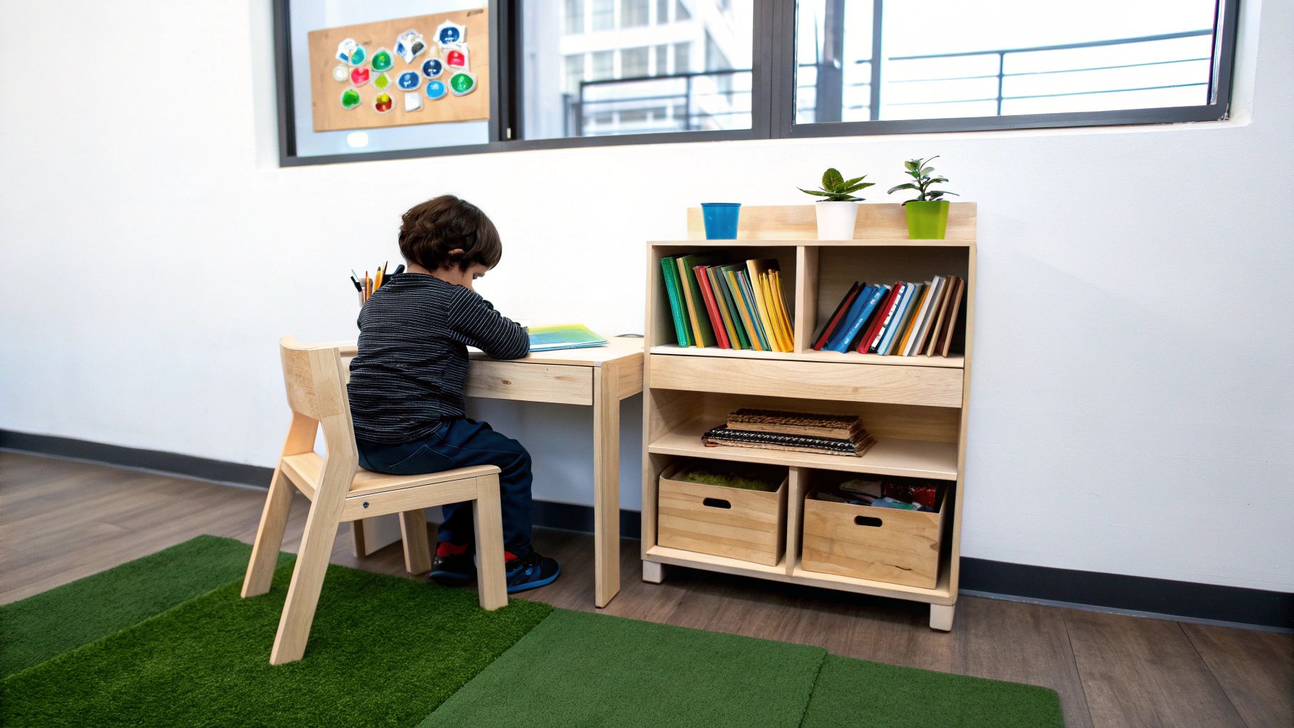 ילד קטן יושב על כיסא עץ ליד שולחן כתיבה, קורא בספר, לצדו מדף ספרים עם צמחים.