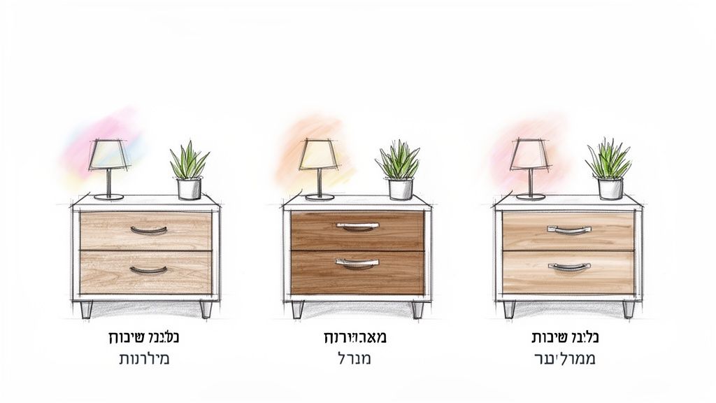 שלוש שידות צד מיטה שונות עם שתי מגירות, מנורה וצמח על כל אחת, בגימורי עץ בהירים וכהים.