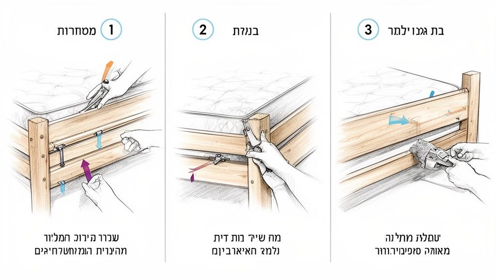 תמונה המציגה שלושה שלבי התקנה ואבטחה של מעקה בטיחות למיטת ילדים, כולל סגירת מנעולים וגימור.