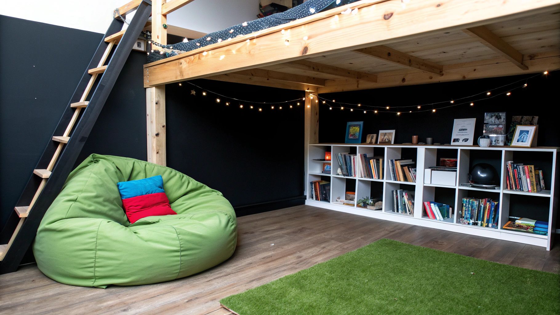 ילד משחק באוהל טיפי מתחת למיטת גלריה מעץ, מוקף בצעצועים וספרים