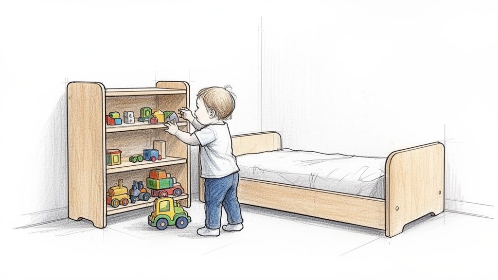 פעוט משחק עם צעצועים על מדף מעץ בחדר ילדים, לידו מיטה קטנה.