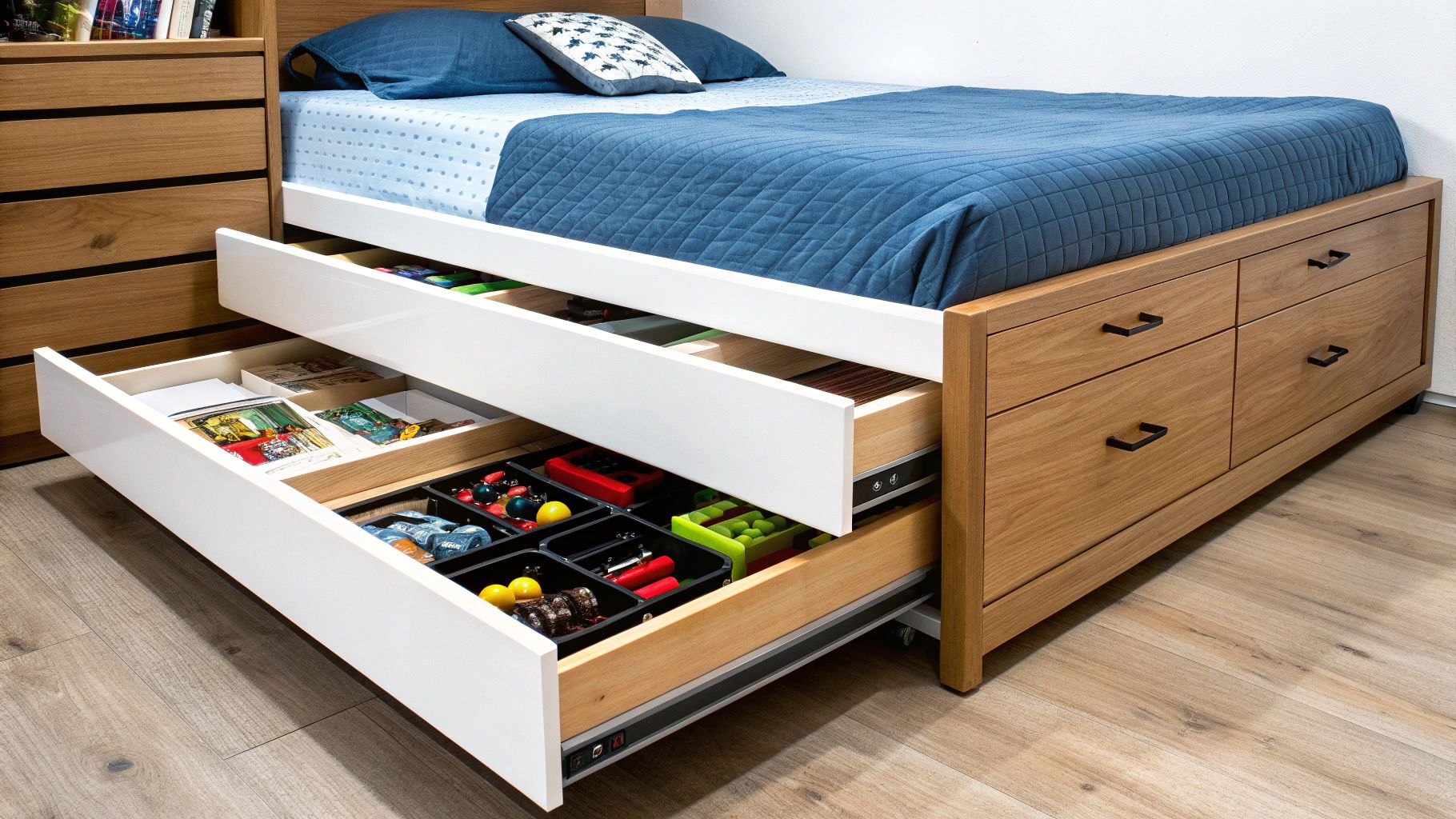 ארגזי אחסון צבעוניים מתחת למיטת גלריה מעץ