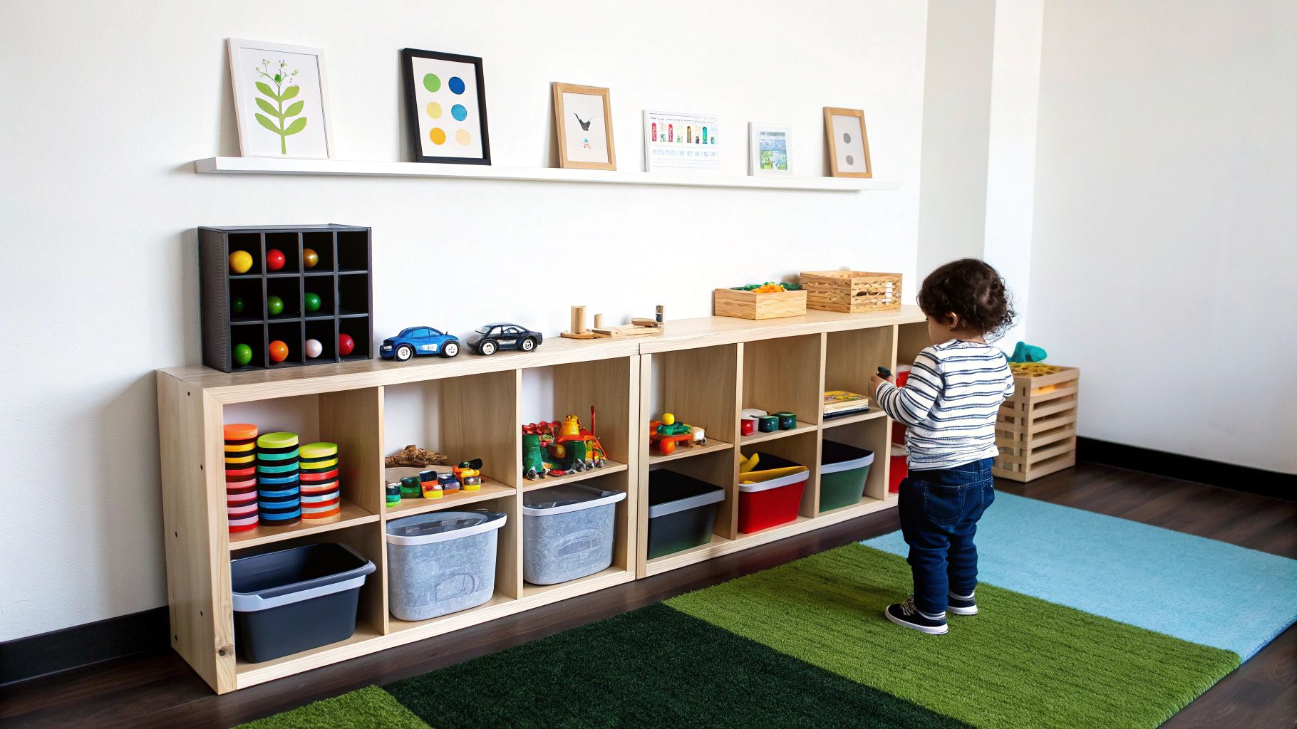 ילד קטן עומד ליד מערכת אחסון עץ מאורגנת עם צעצועים וקופסאות בחדר משחקים מעוצב